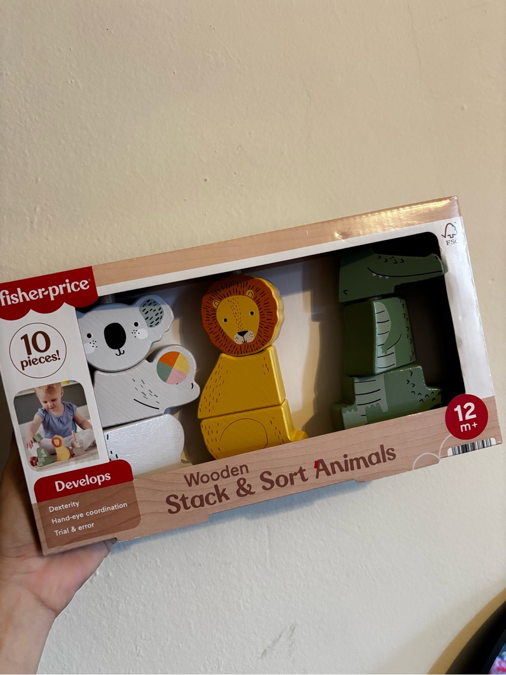 Fisher-Price Wooden Stack & Sort Animals in white, yellow, green